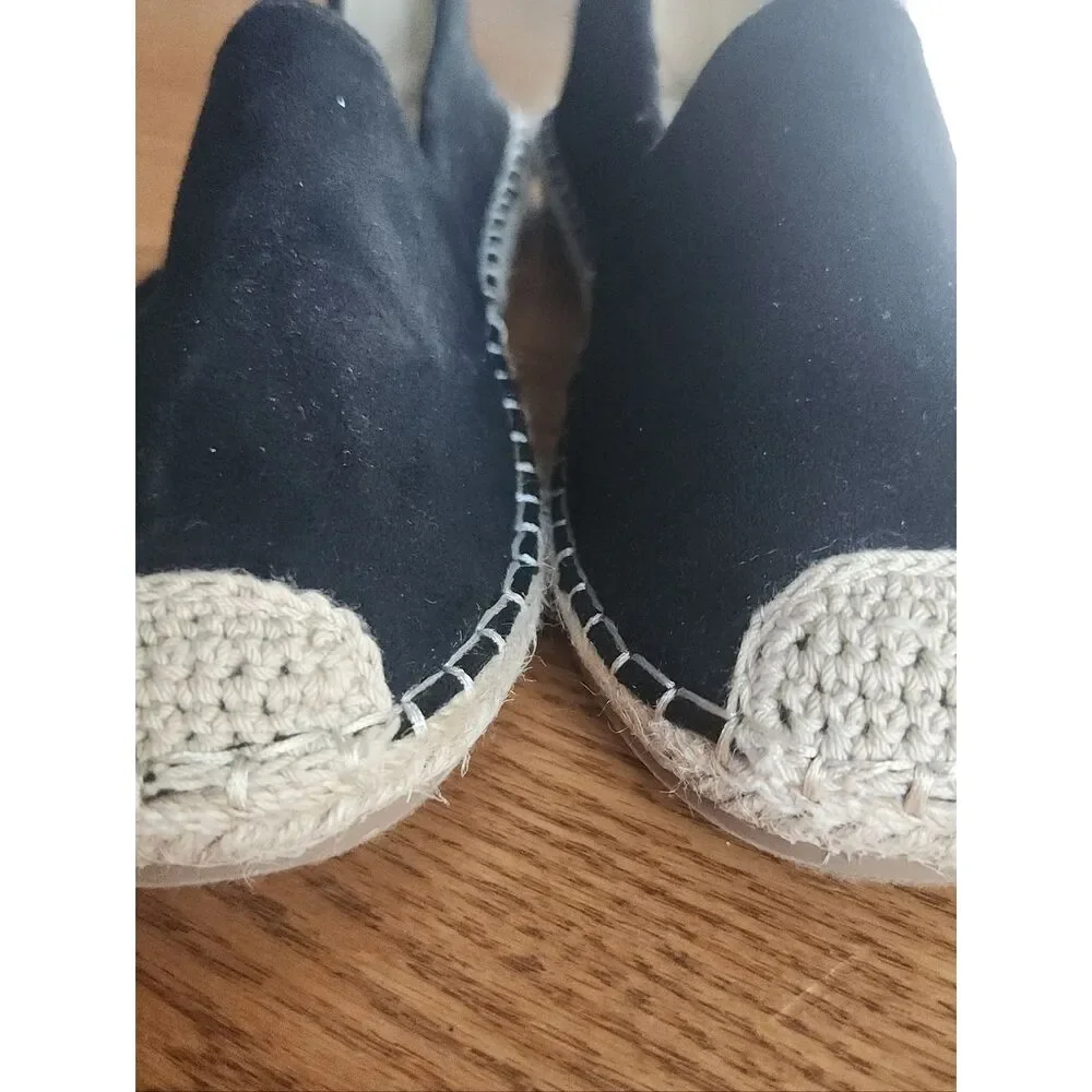Weeboo Black Canvas Espadrille Flats with Natural Woven Toe Cap & Stitching